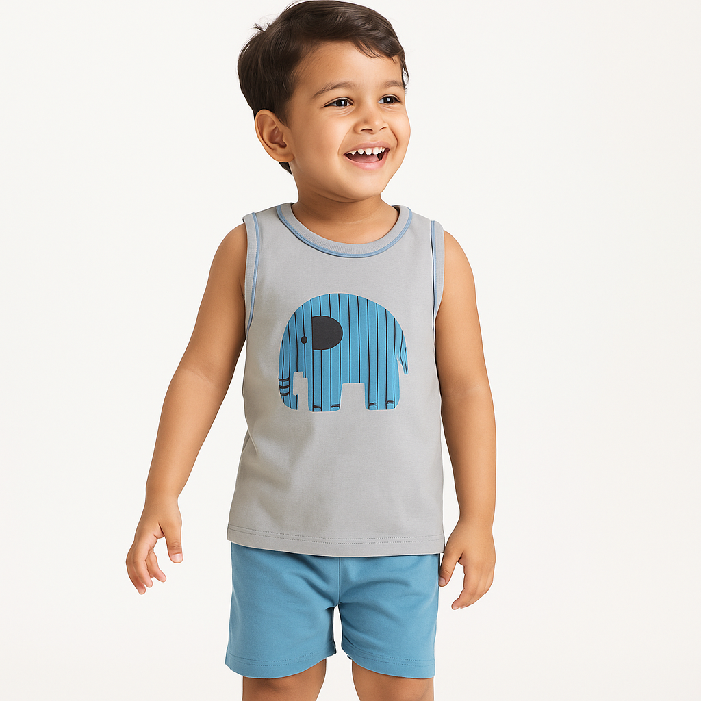 Boys Sleeveless T-shirt & Shorts - Grey & Blue