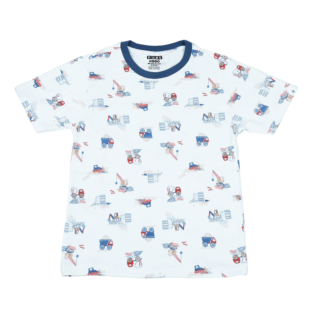 PUREKIDDO Cotton Boys Casual T-Shirt and Shorts Set, Comfortable Outfit for Kids - White & Blue