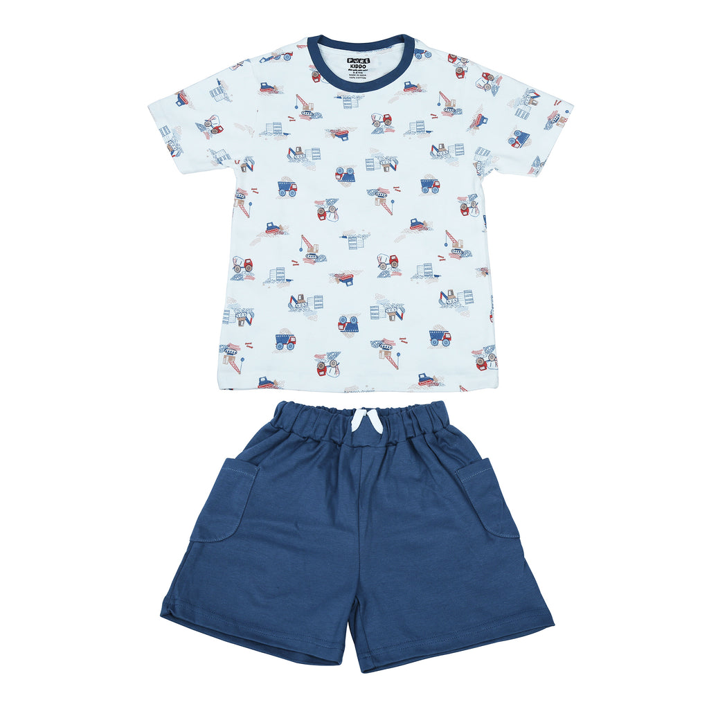 PUREKIDDO Cotton Boys Casual T-Shirt and Shorts Set, Comfortable Outfit for Kids - White & Blue