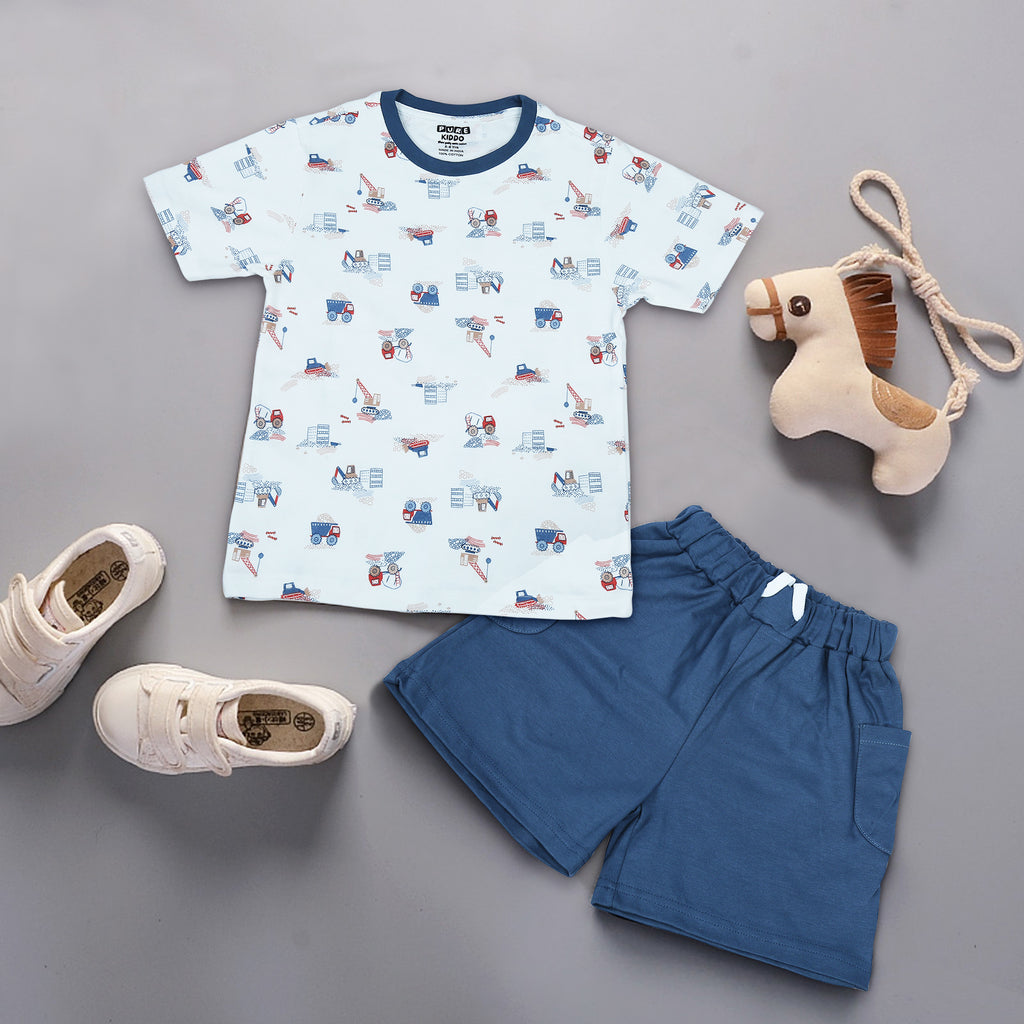PUREKIDDO Cotton Boys Casual T-Shirt and Shorts Set, Comfortable Outfit for Kids - White & Blue