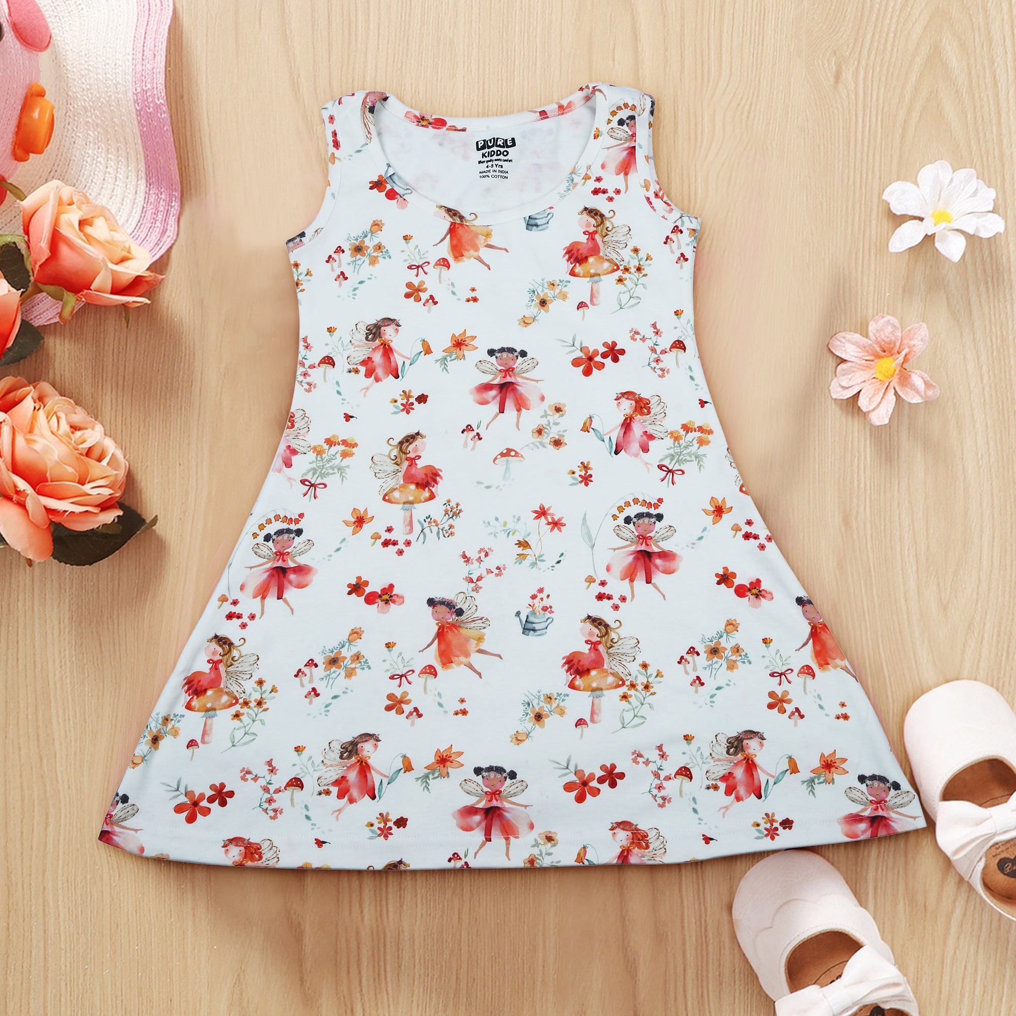 Cotton Girls Knee-Length Frock, Soft Fabric Casual Dress for Kids