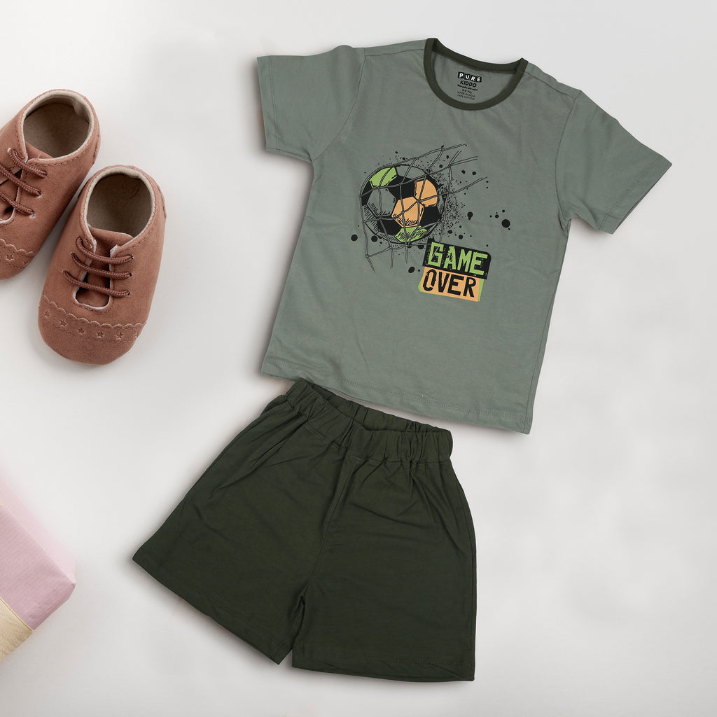 PUREKIDDO Cotton Boys Casual T-shirt and Shorts Set - Olive Green