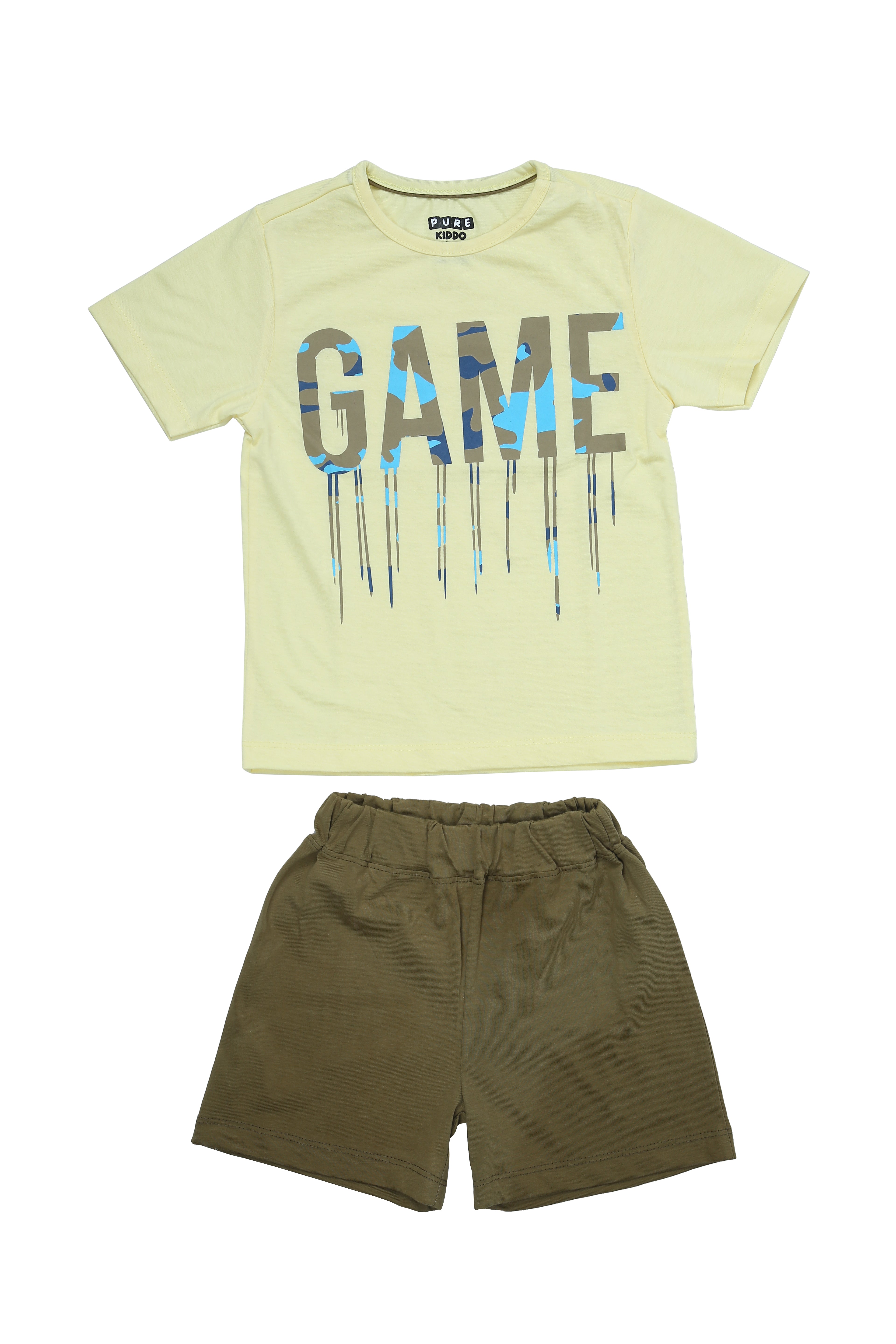 Boys cotton T-shirt & Shorts - Yellow & Olive