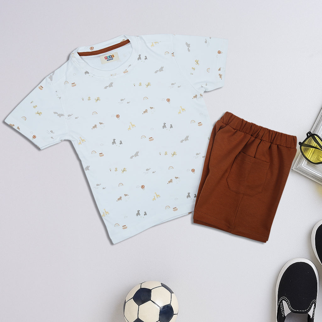 Boys Cotton T-Shirt & Shorts – White & Brown