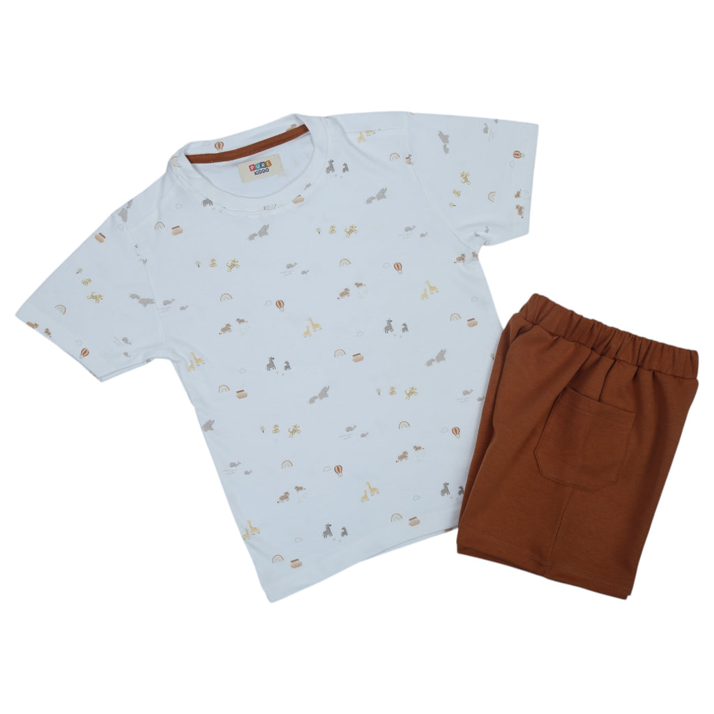 Boys Cotton T-Shirt & Shorts – White & Brown