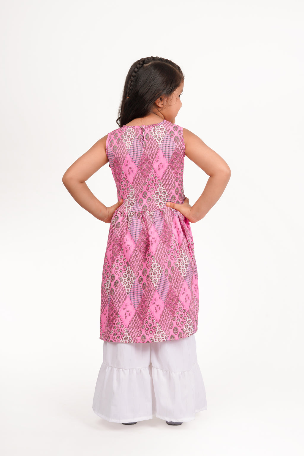 Girls  Printed Round Neck Gotta Patti Pleated A-Line Kurta With Sharara Pink