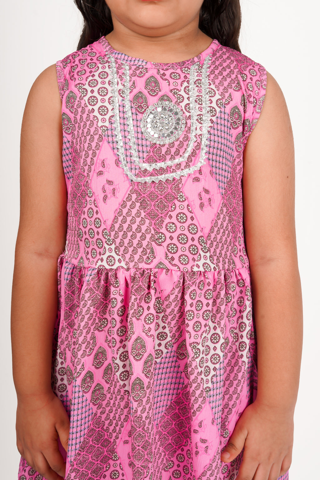 Girls  Printed Round Neck Gotta Patti Pleated A-Line Kurta With Sharara Pink