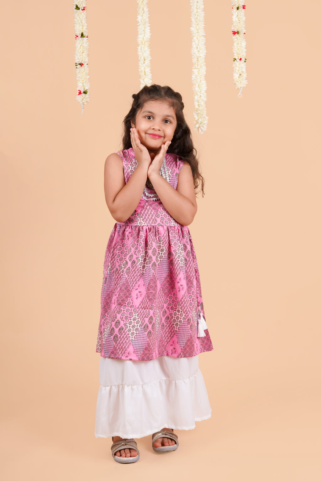 Girls  Printed Round Neck Gotta Patti Pleated A-Line Kurta With Sharara Pink