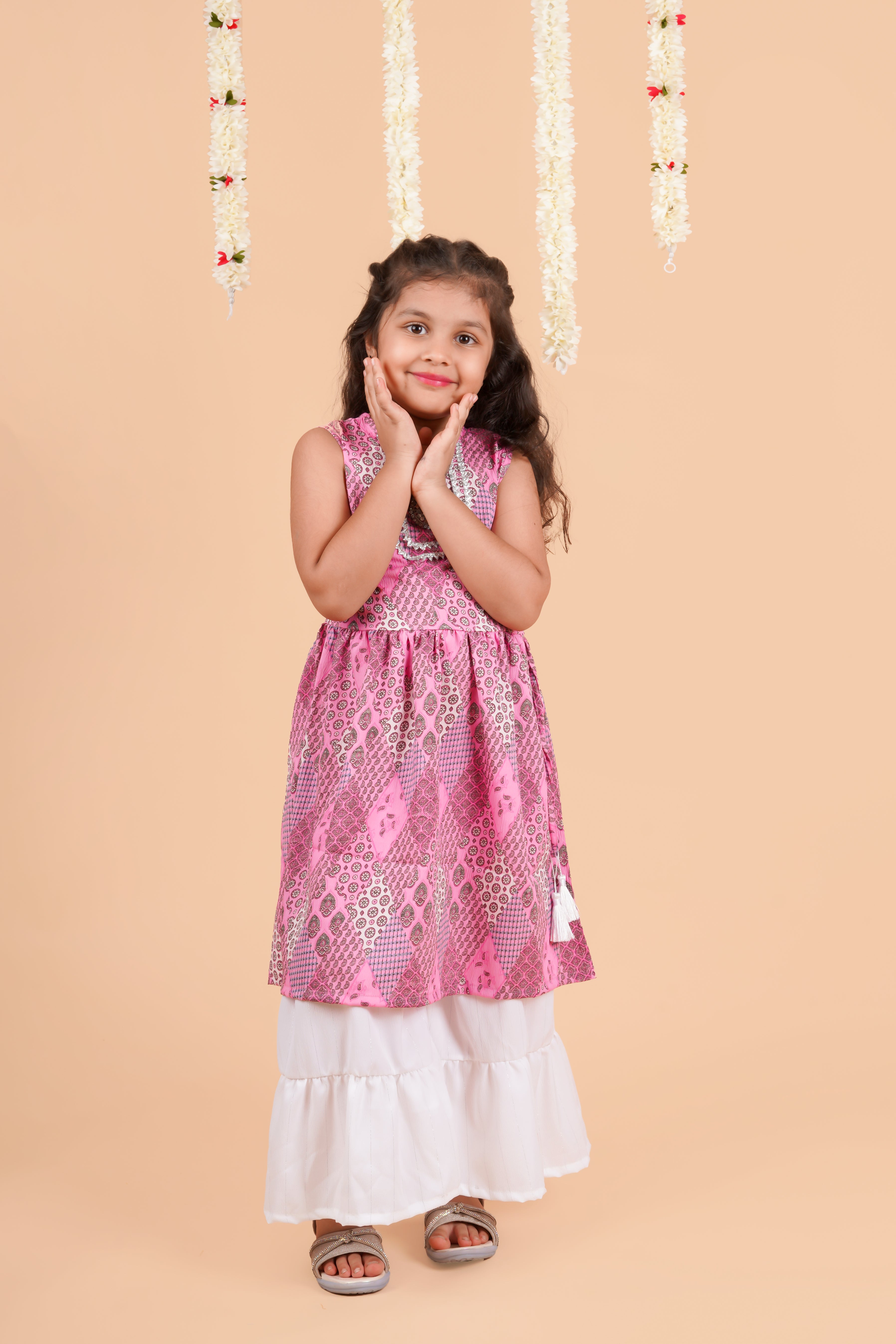 Girls  Printed Round Neck Gotta Patti Pleated A-Line Kurta With Sharara Pink