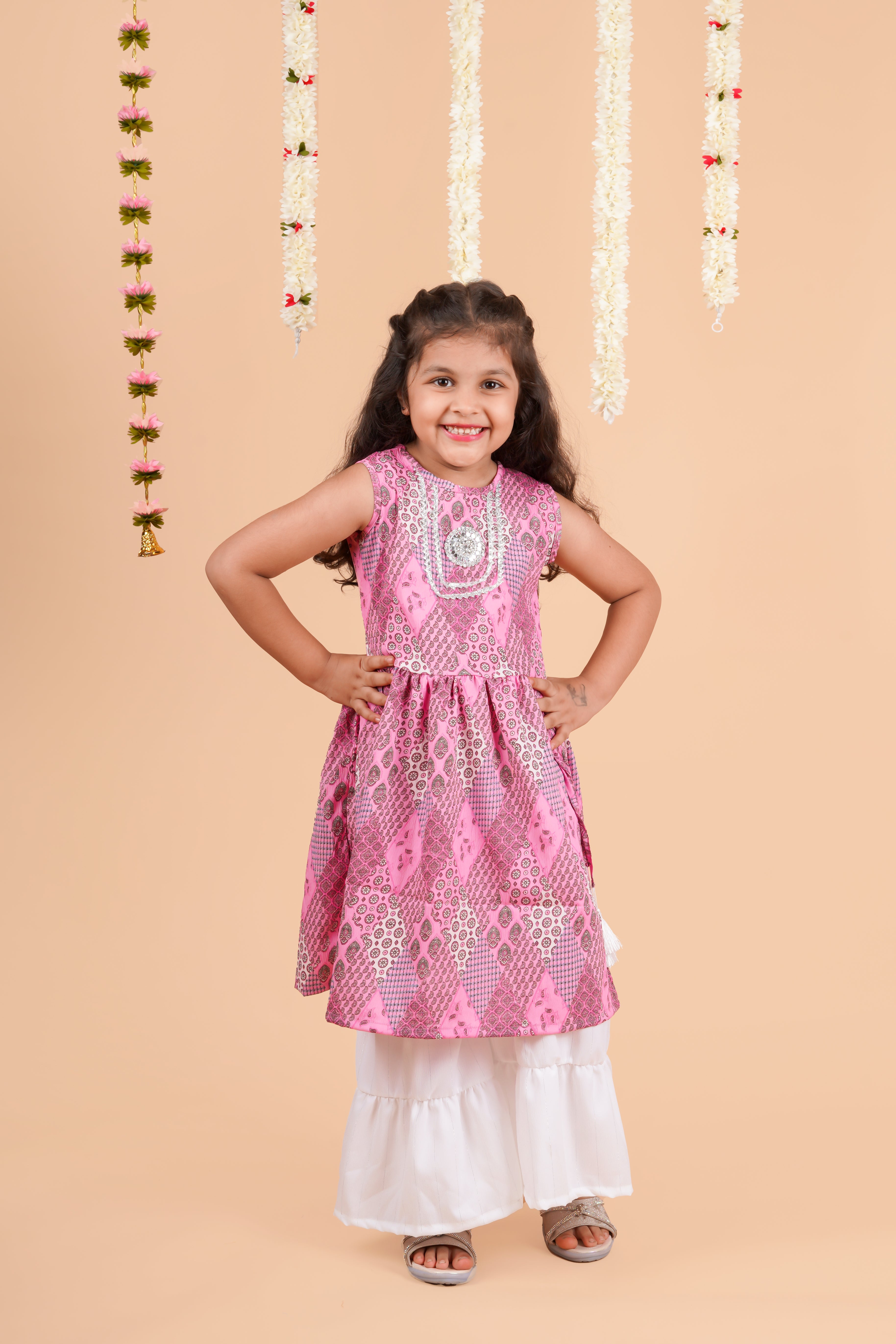 Girls  Printed Round Neck Gotta Patti Pleated A-Line Kurta With Sharara Pink