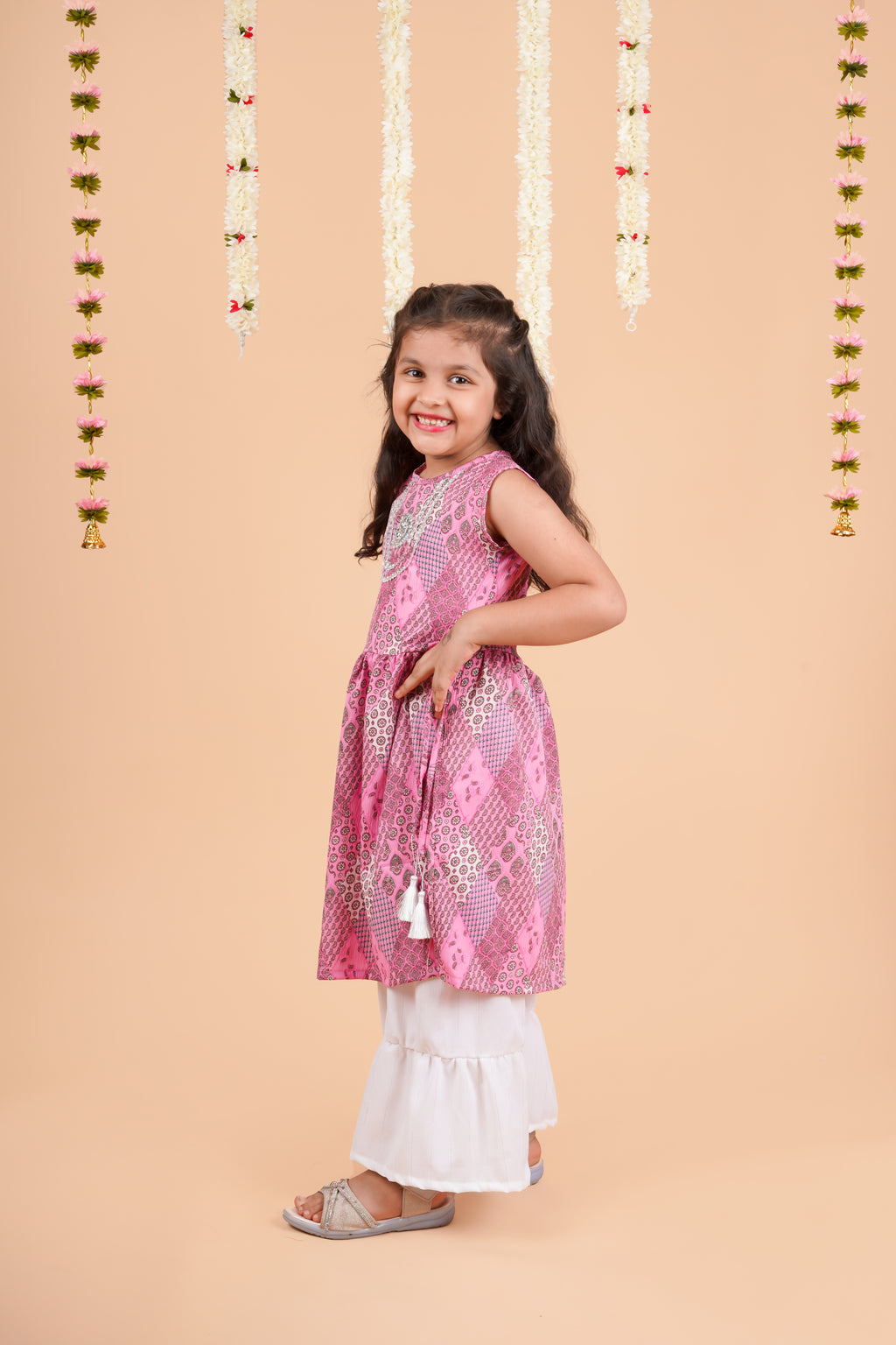 Girls  Printed Round Neck Gotta Patti Pleated A-Line Kurta With Sharara Pink