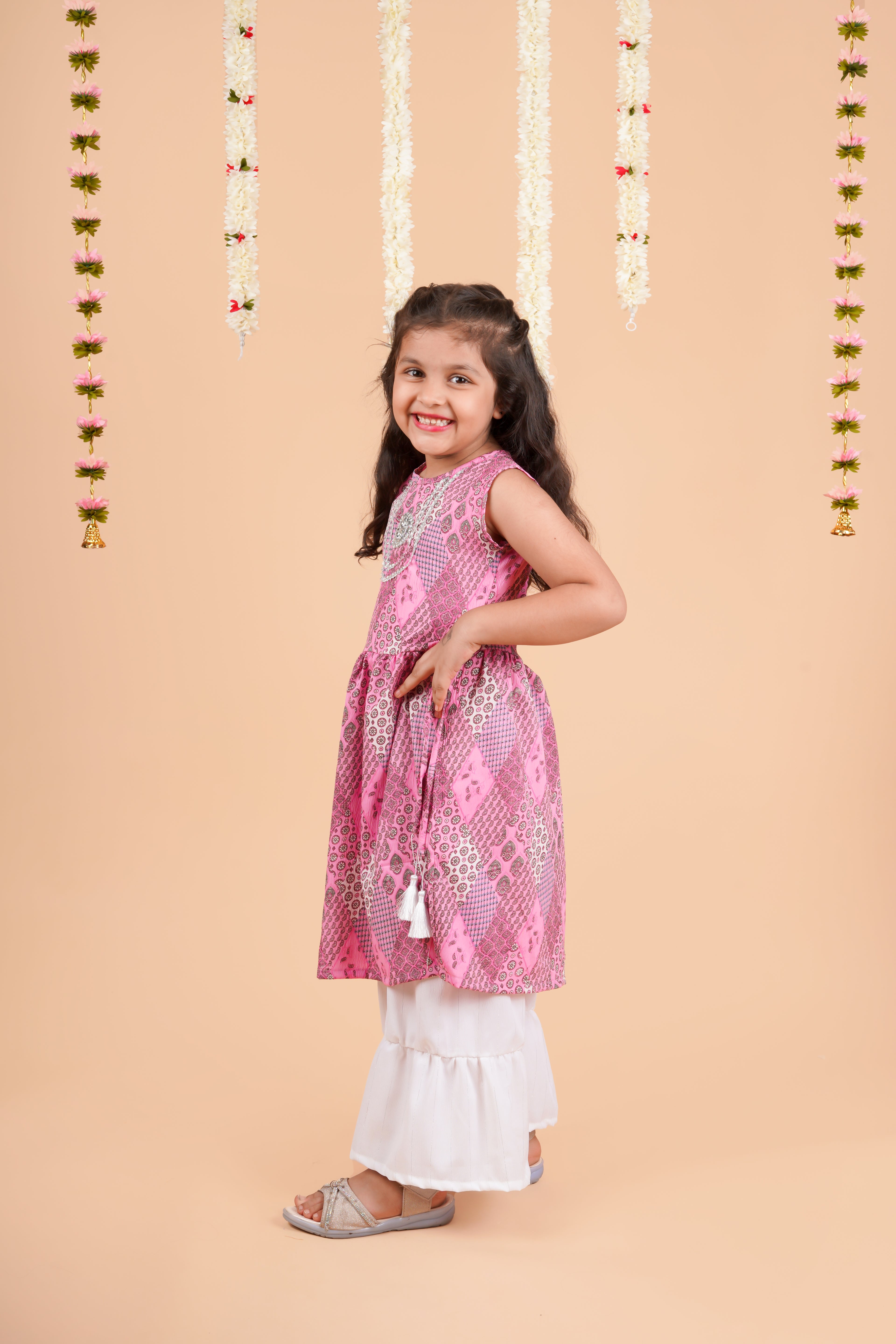 Girls  Printed Round Neck Gotta Patti Pleated A-Line Kurta With Sharara Pink