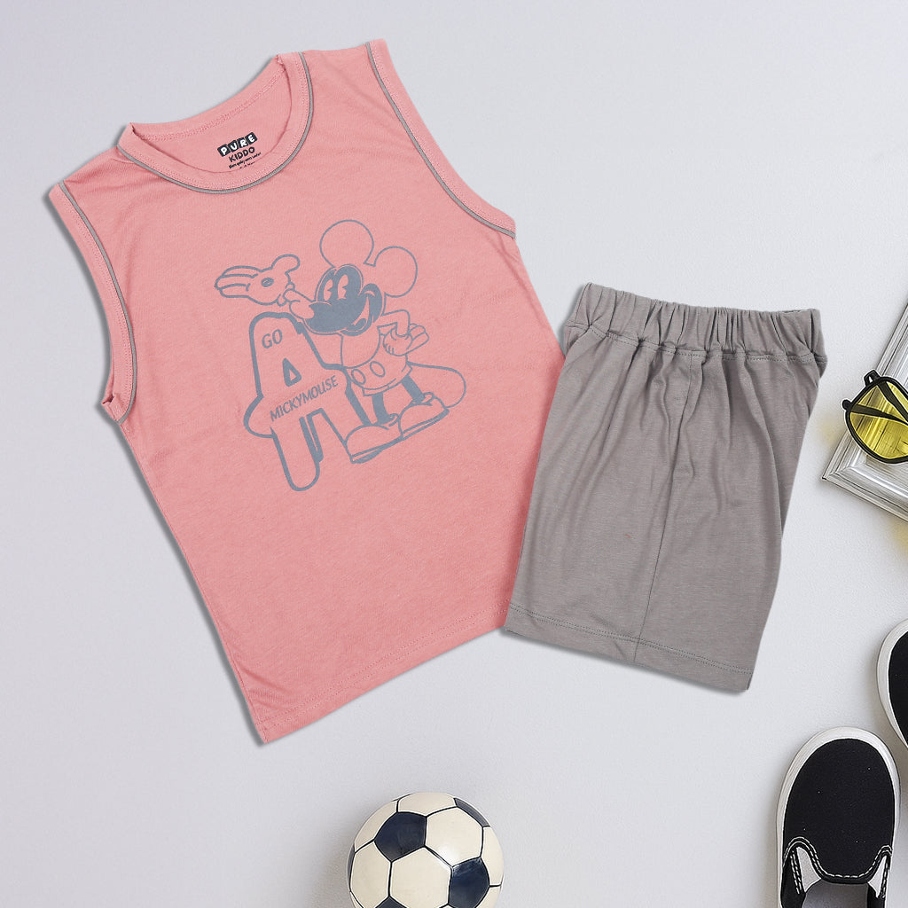 Boys Sleeveless T-shirt & Shorts - Pink & Grey
